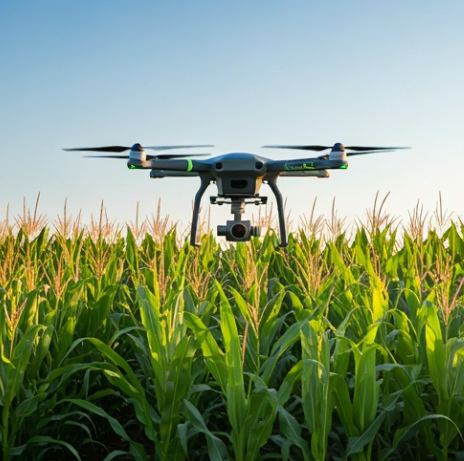 Dron sobrevolando un cultivo de maíz para detectar malezas